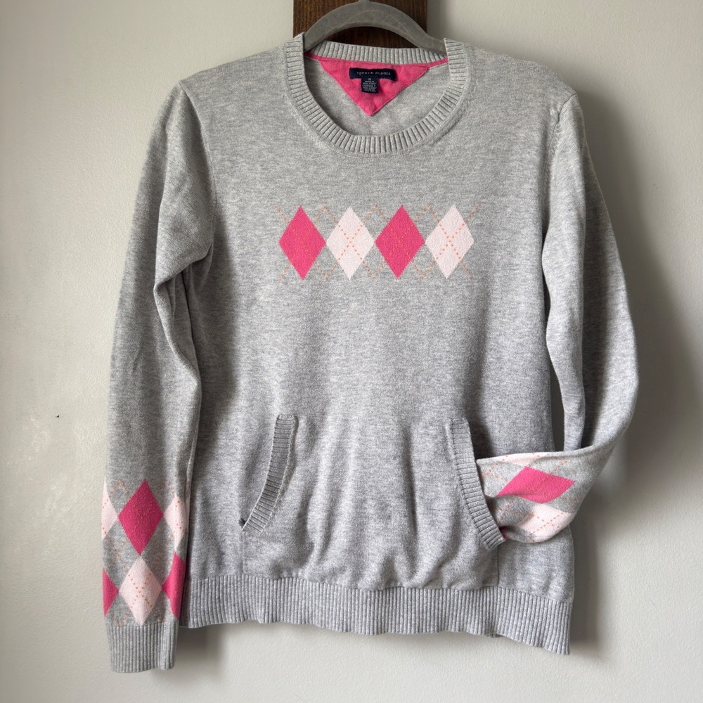 Argyle Kangaroo Pocket Crew Neck Sweater Gray Pink 100% Cotton Tommy Hilfiger M